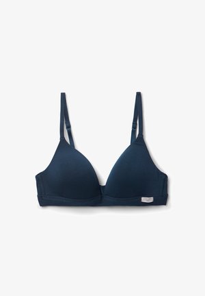 Navy blauwe driehoek bh met verstelbare bandjes, gladde stof en zachte cups. Voorzien van een klein merklabel aan de zijkant.