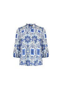 Blusa a maniche corte in tessuto leggero; presenta un motivo geometrico blu e bianco, colletto alla mandarino e vestibilità comoda.