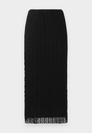Black midi skirt with textured lace fabric and scalloped lace hem, straight silhouette, and elastic waistband.