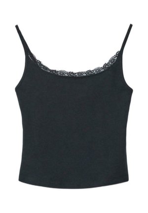 Camisole nero da donna con spalline sottili e bordo in pizzo lungo lo scollo a U, stile aderente e tessuto semplice.