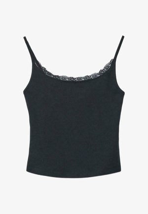 Schwarzes Damen-Camisole mit dünnen Trägern und Spitzenbesatz entlang des U-Boot-Ausschnitts, figurbetonter Schnitt und einfarbiger Stoff.