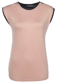 Sleeveless top in light pink cotton, featuring a round neckline and black trim along the collar. Smooth texture with a relaxed fit.