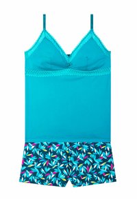 Débardeur turquoise avec dentelle et bretelles réglables, associé à un short à motif floral en bleu, blanc, rose et jaune.