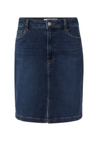 Denimrock in Dunkelblau mit einer figurenbetonten Passform, vorderen Taschen und gelben Nähten entlang der Nähte für zusätzliche Details.