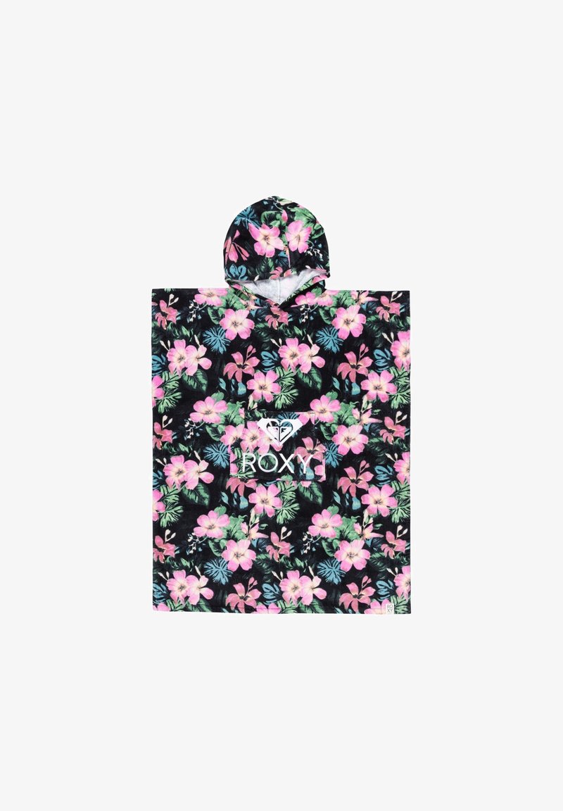 Blumen-Poncho mit schwarzem Hintergrund, der mit rosa und grünen tropischen Blütenmotiven verziert ist. Enthält eine Kapuze und ein Front-Logo-Patch.