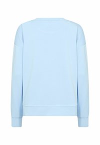 Hele sinine dressipluus lõdva istuvusega, ümmarguse kaelusega ja pikkade varrukatega. Sile tekstuur, minimaalsed õmblused ja soonikkoes äär ülaosas.