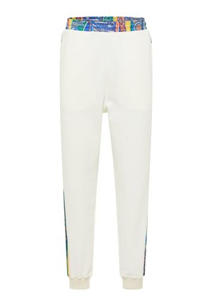 Weiße Sweatpants mit einem bunten, elastischen Bündchen und gemusterten Seitenstreifen. Die Bündchen sind elastisch für eine enge Passform.