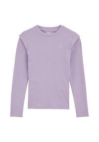 Ilgomis rankovėmis levandų spalvos megztinis su ribinėmis tekstūra, apvalia iškirpte ir subtiliu gėlių siuvinėjimu netoli krūtinės. Lygus paviršius ir prigludusi forma.