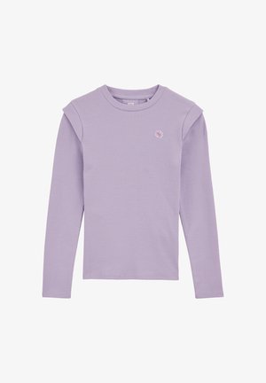 Dolgo rokavna vijolično rebrasta majica z okrolim izrezom in diskretnim cvetličnim vezenjem blizu prsnega koša. Gladek tekstura in oprijet kroj.