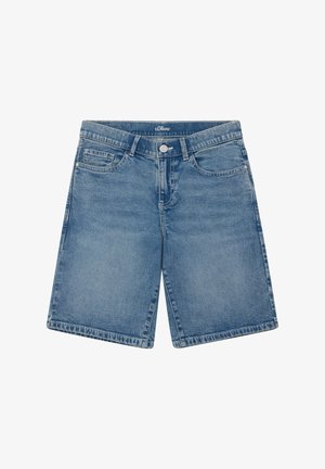 Niebieskie, dżinsowe szorty do kolan z przednim guzikiem, zamkiem błyskawicznym, szlufkami na pasek oraz wzorem z pięcioma kieszeniami.