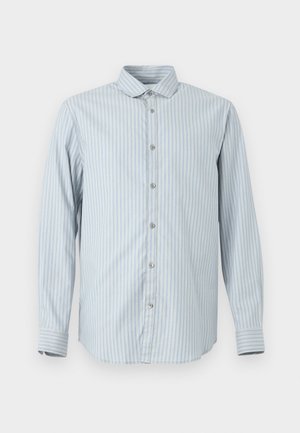 Camicia azzurra a righe con bottoni realizzata in cotone. Presenta un colletto a punta, maniche lunghe e un orlo dritto con chiusura a bottoni.