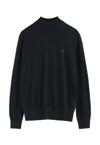 Svart pullovertröja med hög hals och ribbade manschetter. Har en liten röd logotyp på bröstet. Mjuk textur, avslappnad design.