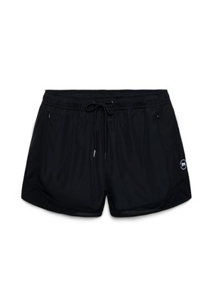 Costume da bagno nero in tessuto leggero, con vita elastica e coulisse, tasche laterali e toppa con logo.