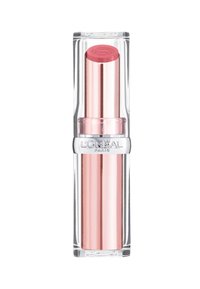 Rossetto L'Oréal Paris in un tubo di plastica trasparente. Base argento con un centro metallico rosa. Punta rotonda rosa in cima, texture liscia.