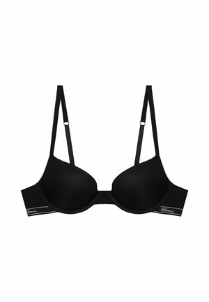 Czarny stanik wyściełany, o prążkowanej teksturze, z regulowanymi ramiączkami i gładkim wykończeniem. Zawiera biały akcent z logo na pasku.