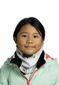 Mint green jacket with a black collar and coral zipper. White neck gaiter featuring a black graphic. Smooth fabric texture.