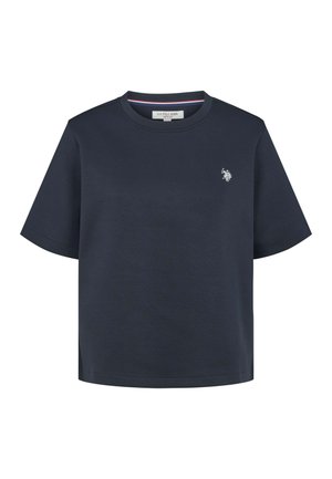 Tamsiai mėlynas medvilninis marškinėliai su trumpomis rankovėmis, apvaliu kaklu ir mažyliu siuvinėtu logotipu ant krūtinės. Lygus audinys, patogus, laisvas siluetas.