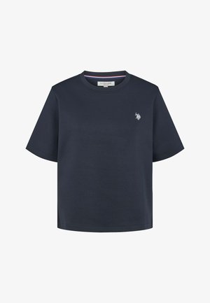 Granatowy bawełniany t-shirt z krótkim rękawem, okrągłym dekoltem i małym haftowanym logo na piersi. Gładka faktura, luźny krój.