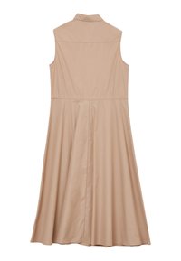 Abito senza maniche color beige con colletto, silhouette svasata e texture liscia. Include una cucitura in vita per modellare e drappeggiare.