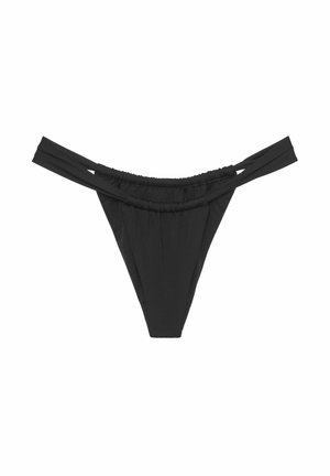 Slip nero con fascia arricciata in vita, design a copertura minima e sottili spalline per una vestibilità regolabile. Materiale liscio e elastico.