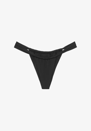 Bas de bikini noir avec une taille froncée, un design à couverture minimale et de fines bretelles pour un ajustement réglable. Matière douce et extensible.