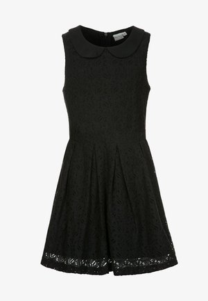 Czarna sukienka bez rękawów z koronką, z kołnierzykiem typu Peter Pan, dopasowanym gorsetem oraz rozkloszowaną spódnicą do kolan z podszewką.