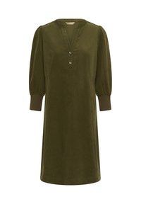 Olive green dress in soft fabric, featuring a V-neck, button detailing at the chest, and long puffed sleeves with fitted cuffs.