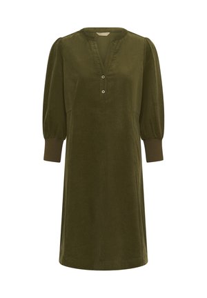 Robe vert olive en tissu doux, avec un décolleté en V, des boutons décoratifs sur la poitrine, et de longues manches bouffantes avec des poignets ajustés.
