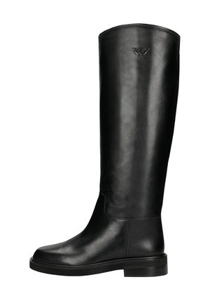 Höhe schwarze Lederstiefel mit niedrigem Absatz und runder Zehe, glatte Oberfläche und dezentes Logo, das nahe dem oberen Schaft eingeprägt ist.