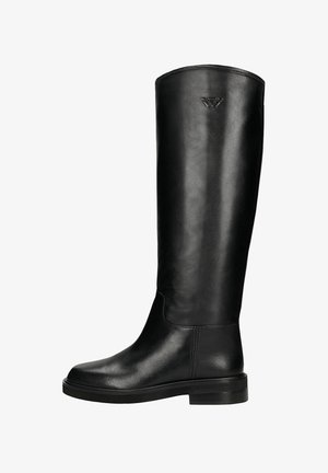 Tall black leather boot with low heel and rounded toe, smooth finish, and subtle logo embossed near top shaft.