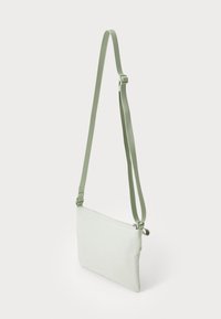 Sac bandoulière vert clair en matériau lisse. Doté d'une fermeture éclair et d'une bandoulière réglable. Forme rectangulaire compacte avec un design minimal.