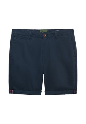 Granatowe bawełniane szorty z przednim guzikiem, szlufkami na pasek, bocznymi kieszeniami i podwiniętymi nogawkami z subtelnym różowym przeszyciem.