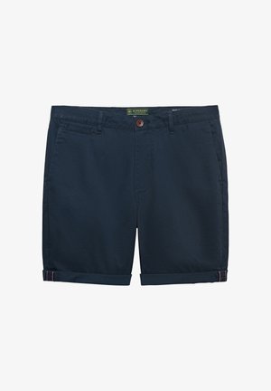 Granatowe bawełniane szorty z przednim guzikiem, szlufkami na pasek, bocznymi kieszeniami i podwiniętymi nogawkami z subtelnym różowym przeszyciem.