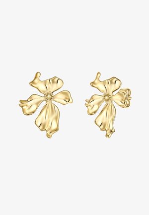 Pendientes florales dorados con un diseño texturizado y ondulado. Cada pieza presenta un detalle central de cuentas, que recuerda a una flor en plena floración.