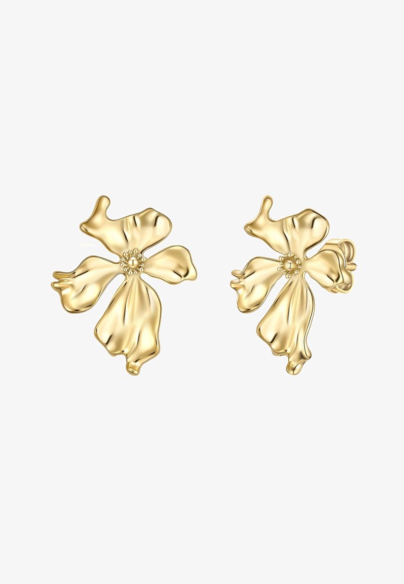 Zlaté kvetinové náušnice s textúrovaným, vlnitým dizajnom. Každý kus obsahuje centrálny korálik, ktorý pripomína kvet v plnom rozkvete.
