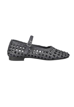 Black woven flat shoe with a braided Mary Jane strap and buckle, featuring a low heel and a rounded toe.