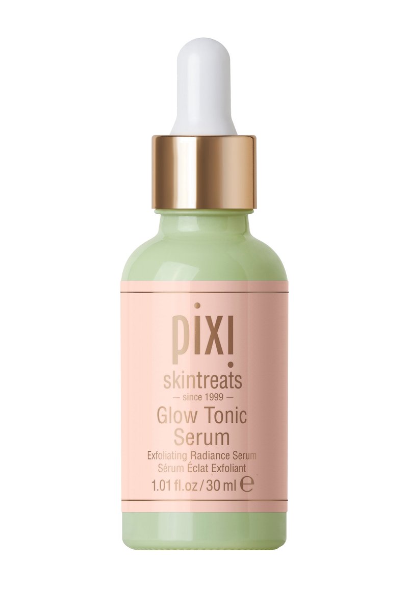 Bottiglia di vetro verde con etichetta rosa, collare dorato e tappo a goccia bianco. Contiene 30 ml di siero esfoliante per il radiance.
