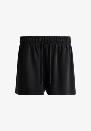 Pantaloni scurți negri dintr-un material ușor, cu talie elastică și șnur ajustabil. Au o textură netedă și un design simplu.