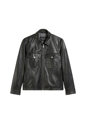 Black leather jacket with a collar, front zip closure, and two chest pockets. Smooth texture and minimalistic design.