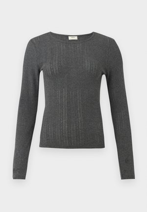 Long-sleeve, fitted top in dark grey knit with subtle vertical stripes and a round neckline. Soft texture with slight sheen in fabric.