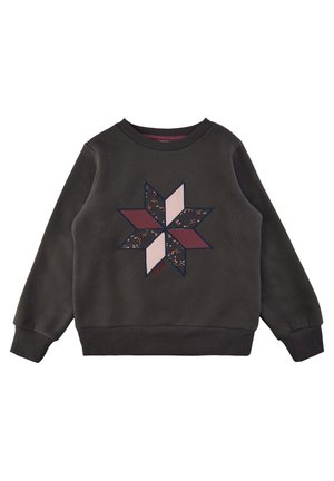 Dunkelgrauer Sweatshirt mit langen Ärmeln, gerippten Bündchen und einem zentralen achtzackigen Sternmuster aus pinkfarbenen, kastanienbraunen und floralen Stoffstücken.