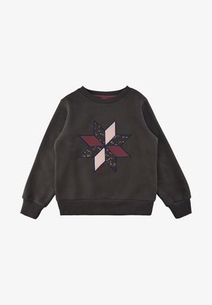 Ciemnoszara długorękawowa bluza z prążkowanymi mankietami i centralnym wzorem ośmiopunktowej gwiazdy w różowym, bordowym i kwiatowym materiale.