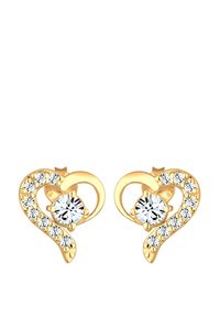 Guldøreringe i hjerteform med en central klar ædelsten, omgivet af små klare sten langs et snoet design.