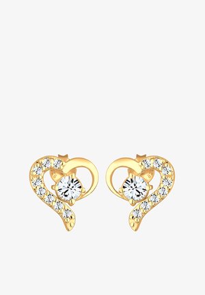 Guldøreringe i hjerteform med en central klar ædelsten, omgivet af små klare sten langs et snoet design.