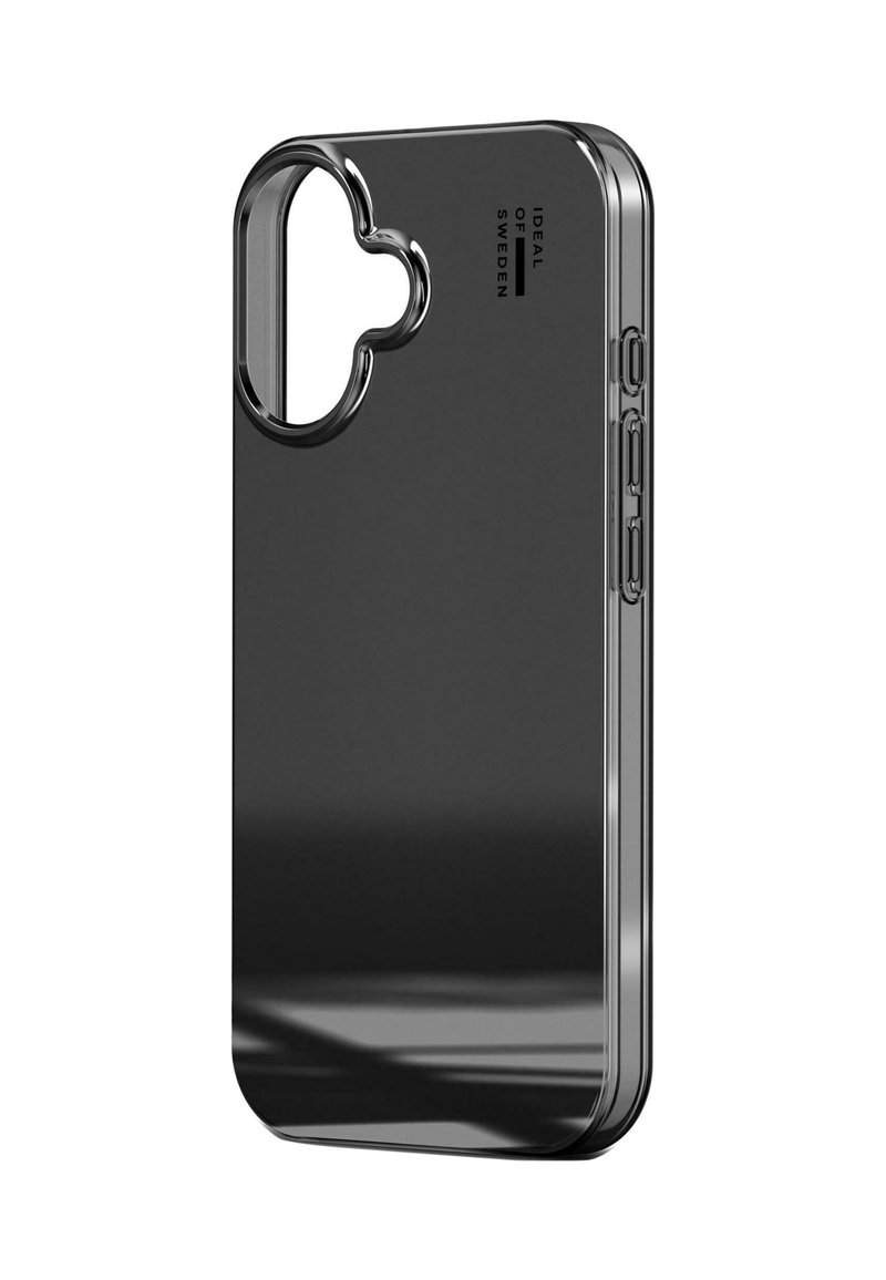 Juodas plastikinis telefono dėklas su unikaliu išpjovimu viršuje, lygia tekstūra ir šoninėmis mygtukais. Ant nugaros yra logotipo įspaudas.