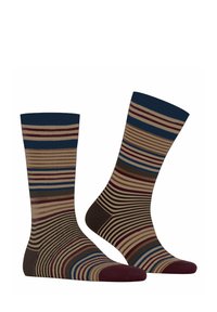 Calzini a righe con tonalità di blu, beige e marrone, esposti affiancati, con una combinazione di righe larghe e strette.