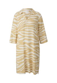 Gelbes Kleid mit einem weißen Zebra-Streifenmuster, Kragen und kurzen Ärmeln. Aus leichtem Stoff gefertigt.