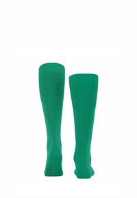 Calzini verdi al ginocchio con texture a coste e punta rinforzata. Finitura liscia con un colore uniforme. Materiale morbido ed elastico per il comfort.