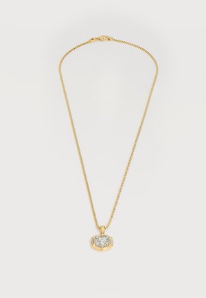 Collier en chaîne dorée avec un pendentif rond présentant un dessin détaillé d'une tête de lion en argent.