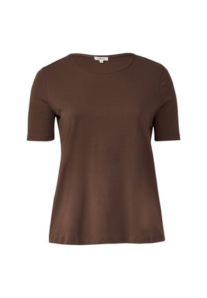 Braunes kurzärmliges T-Shirt aus weichem Stoff, mit einem runden Ausschnitt und lockerer Passform. Glatte Textur ohne Muster oder Akzente.